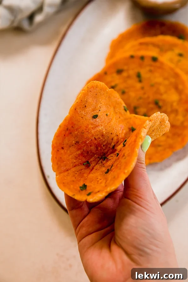 A hand holding a piece of golden sweet potato flatbread, showcasing its soft and pliable texture.