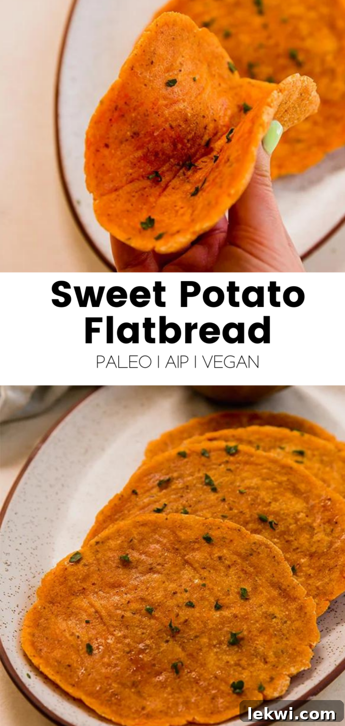 A vibrant collage featuring sweet potato flatbread with text overlay: "Sweet Potato Flatbread Paleo | AIP | Vegan."