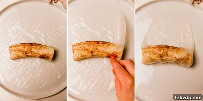 The steps of preparing a banana to cook to make filipino banana lumpia.