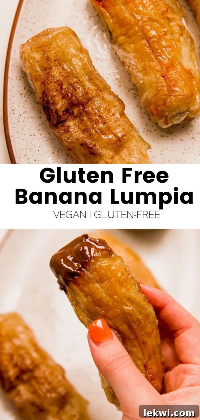Collage with text \"Gluten Free Banana Lumpia Vegan | Gluten-Free.\"