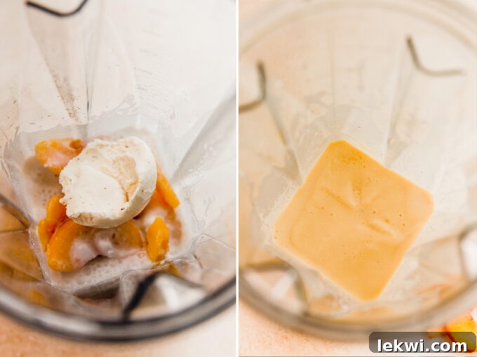 Close-up shot of frozen peaches, coconut milk, and dairy-free vanilla ice cream being added to a blender for the peach milkshake.