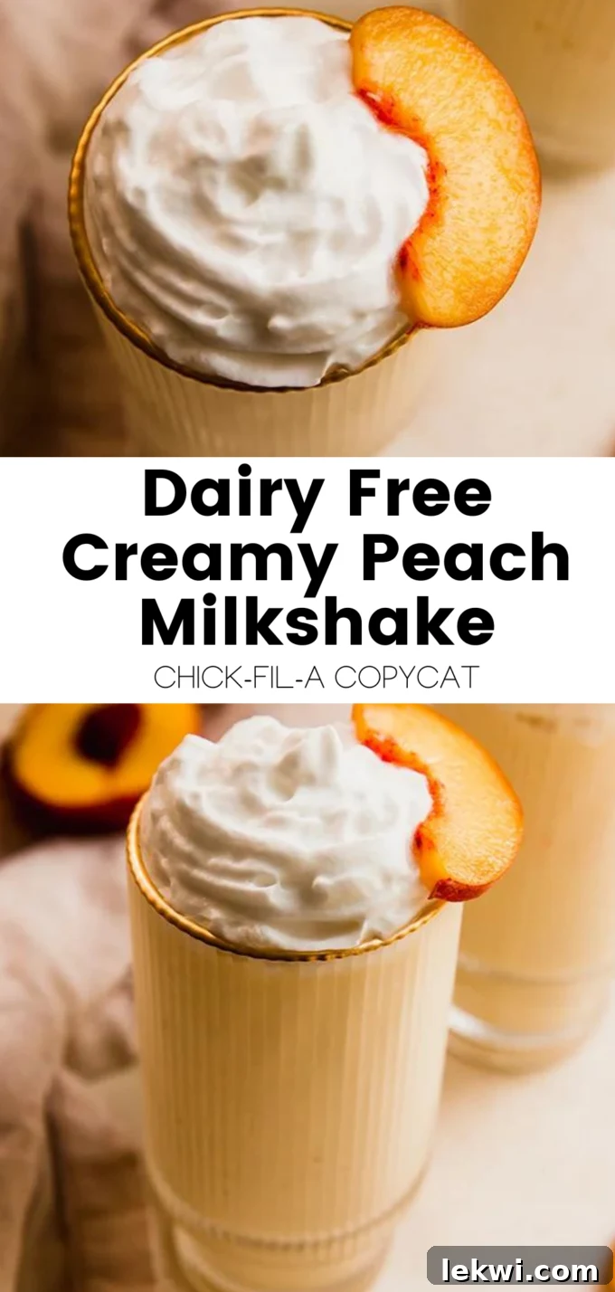 A collage of images featuring a dairy-free creamy peach milkshake, with text overlay: "Dairy Free Creamy Peach Milkshake Chick-Fil-A Copycat. Homemade & Healthy."