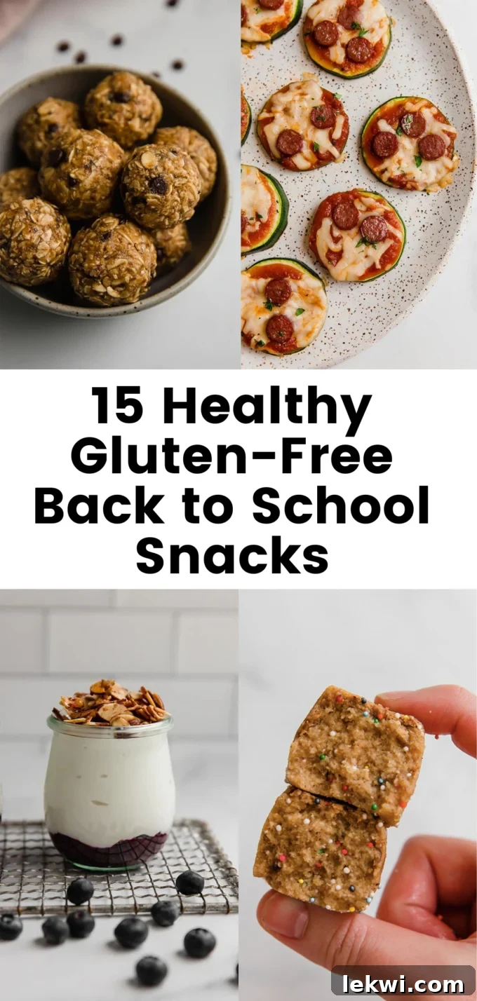 Collage of food with text "15 Healthy Gluten-Free Back to School Snacks."