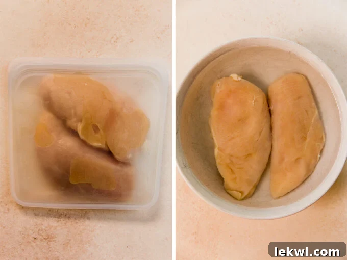 Chicken breasts marinating in a reusable bag, placed inside a bowl in a refrigerator.