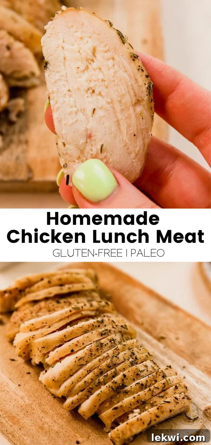 Homemade Chicken Lunch Meat: A delicious, healthy, gluten-free, and paleo-friendly deli alternative, presented as a collage.