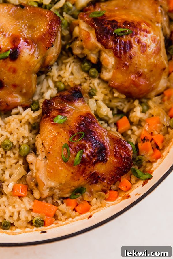 Golden-brown Asian chicken thighs resting atop fragrant rice, garnished with green onions, in a single baking pan.