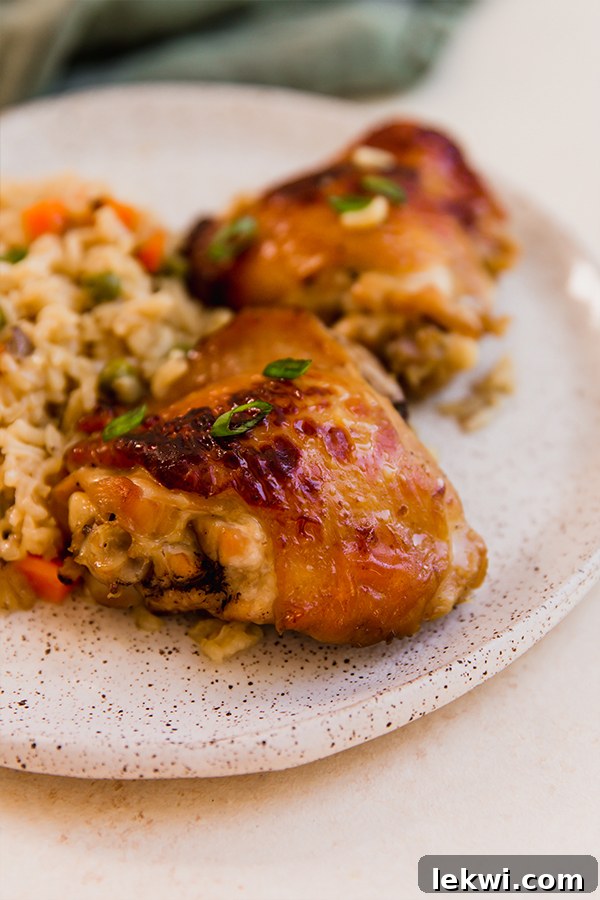 A close-up shot of a plate of One-Pot Baked Asian Chicken & Rice, garnished with fresh green onions.