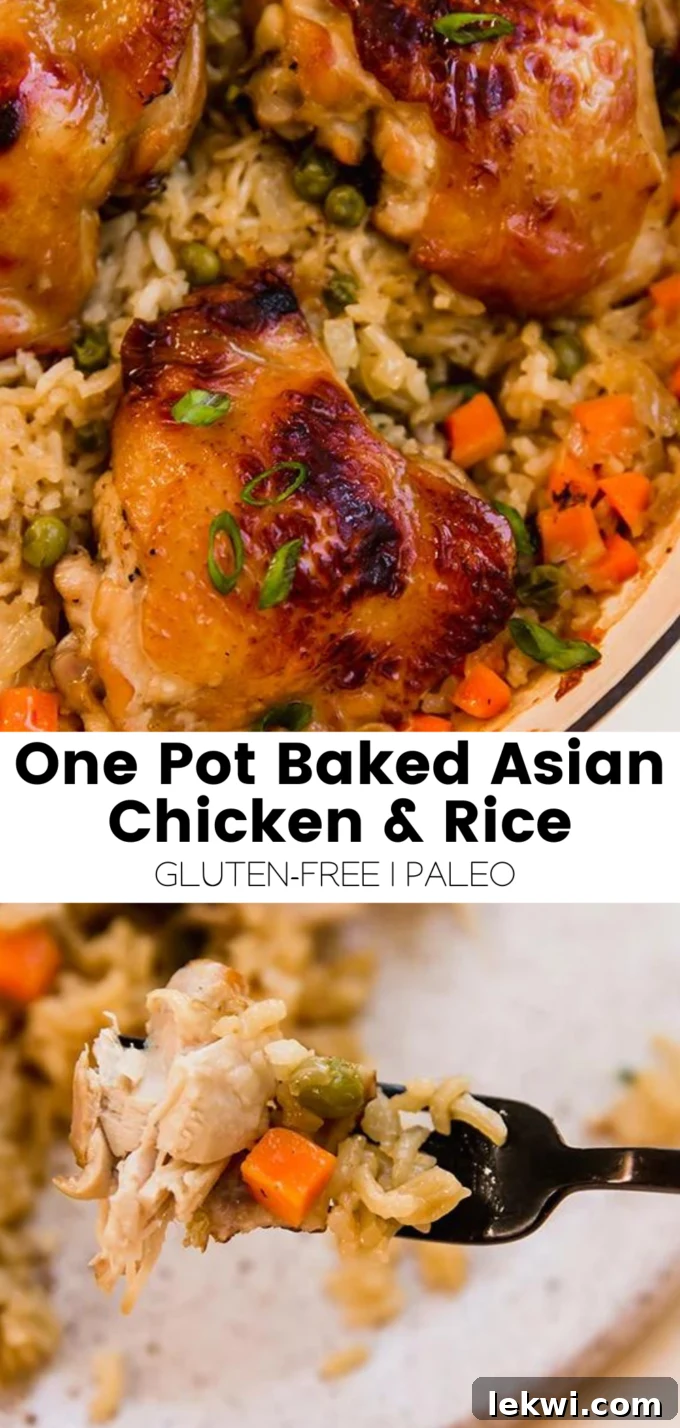 Collage with text "One Pot Baked Asian Chicken & Rice Gluten-Free | Paleo." highlighting the recipe benefits.