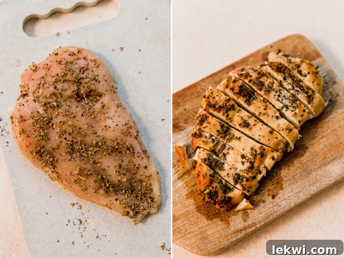 A visual progression of chicken: raw seasoned chicken breast on a cutting board, followed by a close-up of the chicken cooking in a hot skillet.