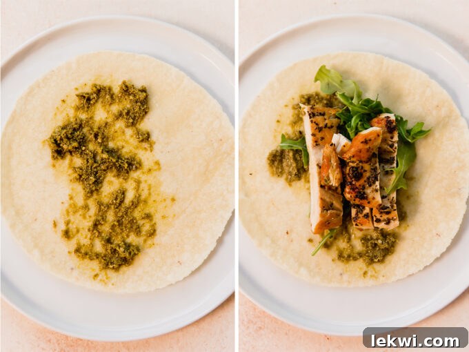 A visual guide showing a grain-free tortilla with pesto spread on it, and then a second image showing arugula added on top, ready for chicken.