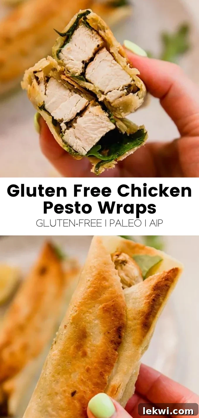 Collage with text "Gluten Free Chicken Pesto Wraps - Gluten-Free | Paleo | AIP. Delicious, healthy, and easy for meal prep or quick lunches."