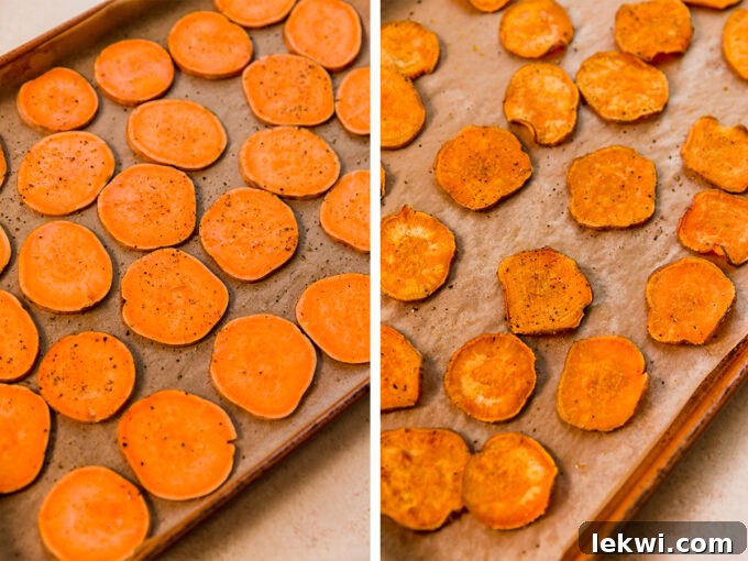 A baking tray showing sweet potato slices before and after baking, for sweet potato nachos.
