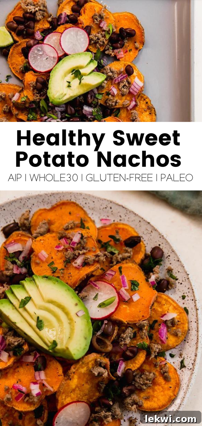 Collage with text "Healthy Sweet Potato Nachos AIP | Whole30 | Gluten-Free | Paleo."