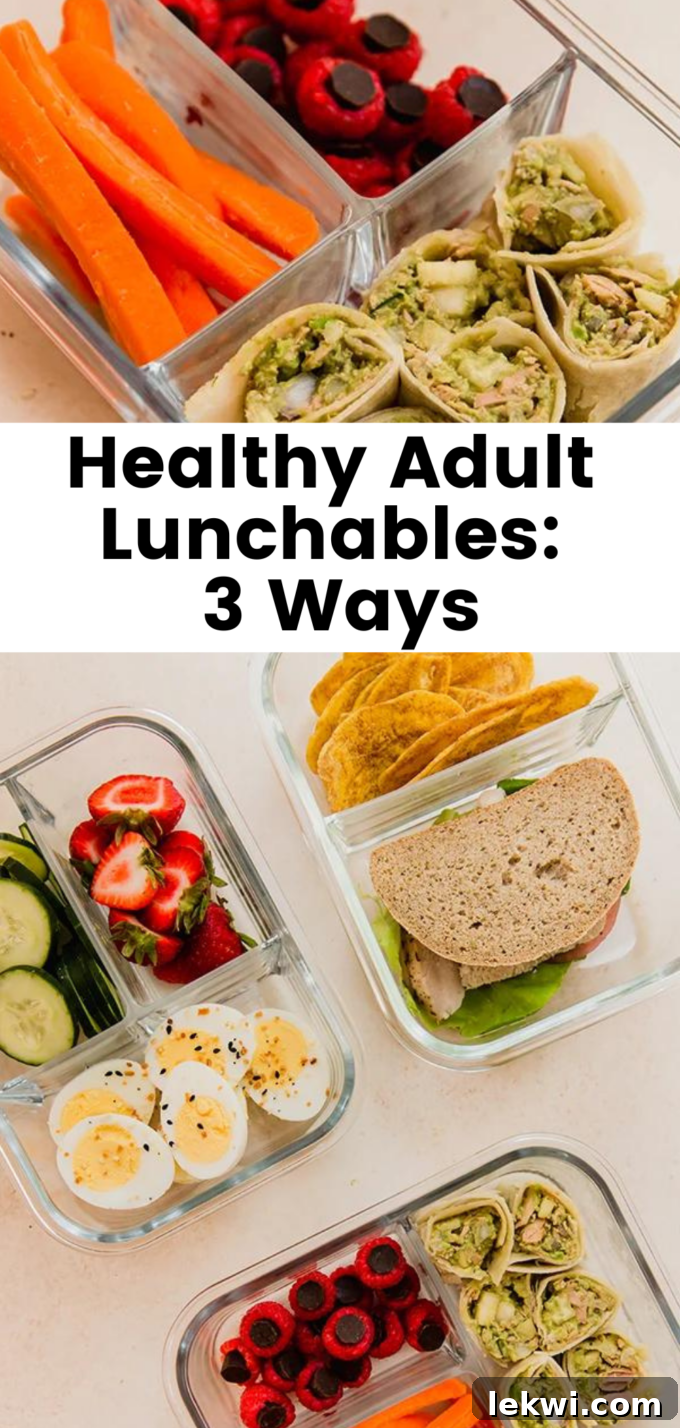Collage with text "Healthy Adult Lunchables: 3 Ways.": A visual guide to quick and nutritious meal prep ideas.