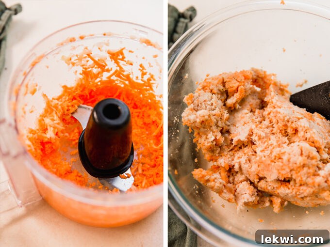 Shredded sweet potato in a food processor and the sweet potato-apple-sausage mixture, demonstrating recipe steps.