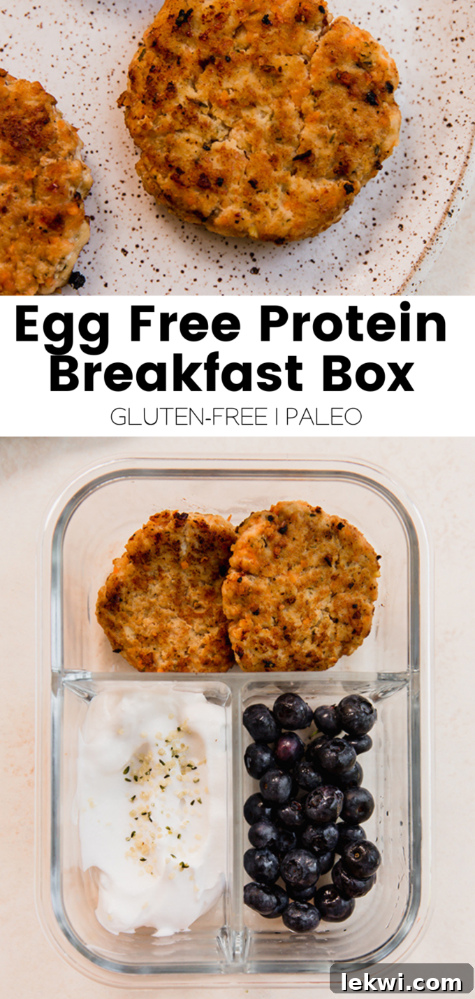 Collage with text "Egg Free Protein Breakfast Box Gluten-Free | Paleo."