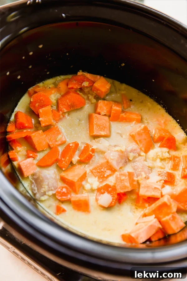 A top-down view of all the raw ingredients for turmeric chicken curry, including chicken, sweet potatoes, carrots, and onions, neatly arranged inside a slow cooker before cooking.