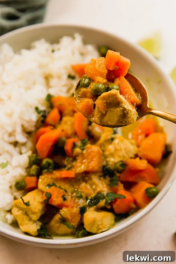 A complete meal of Slow Cooker Turmeric Chicken Curry served in a bowl with a side of white rice, garnished with fresh cilantro.