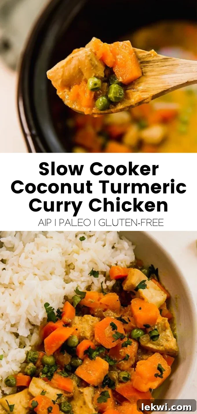 A visual collage titled "Slow Cooker Coconut Turmeric Curry Chicken AIP | Paleo | Gluten-Free." featuring delicious images of the finished dish and its ingredients.