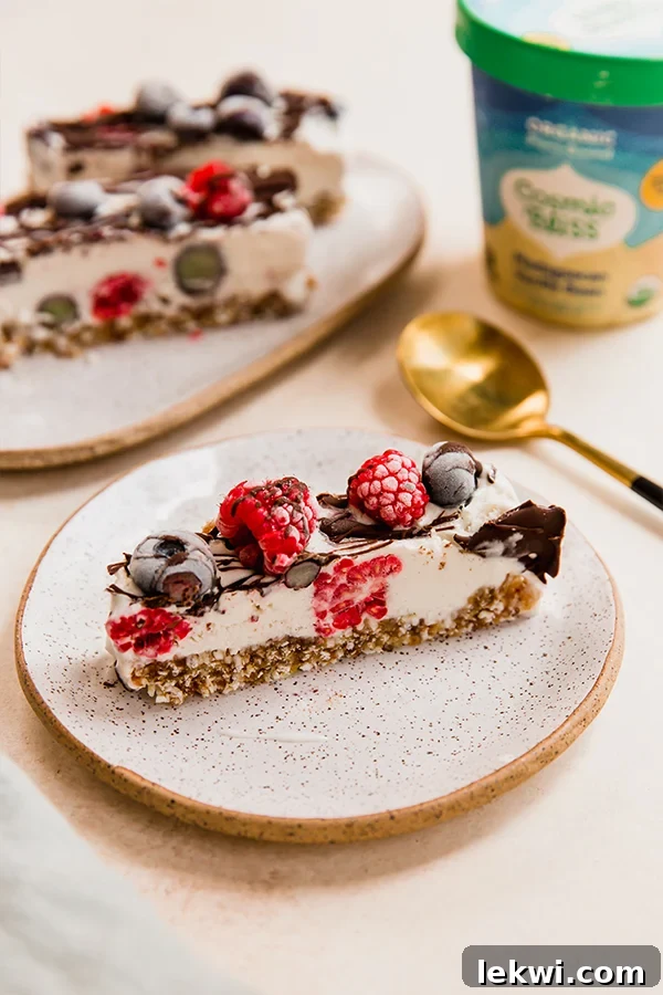 Slice of no bake berry vanilla ice cream cake topped with berries on a plate.