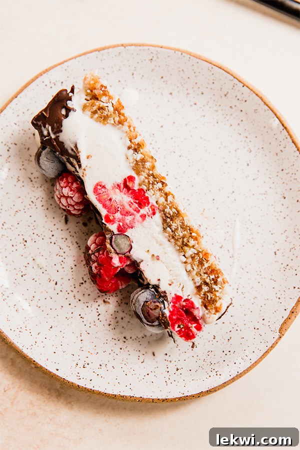 Slice of no bake berry vanilla ice cream cake on its side.
