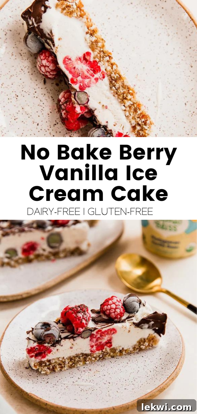 Collage with text "No Bake Berry Vanilla Ice Cream Cake Dairy-Free | Gluten-Free."