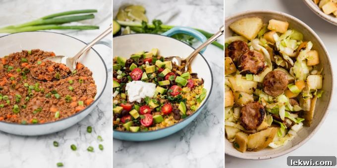 A collage of healthy, budget-friendly foods cooked in skillets.