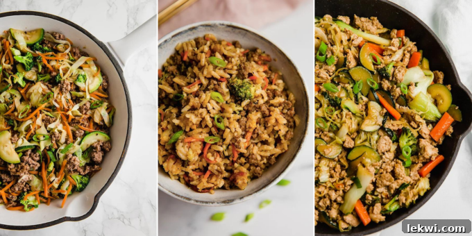 A collage of various healthy, budget-friendly stir-fries.