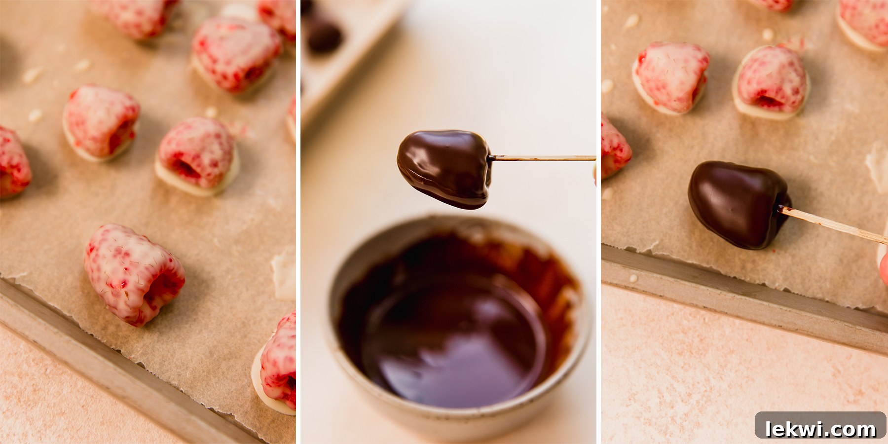 A step-by-step visual guide showing the process of making chocolate covered frozen raspberries, from dipping in white chocolate to the final dark chocolate layer.