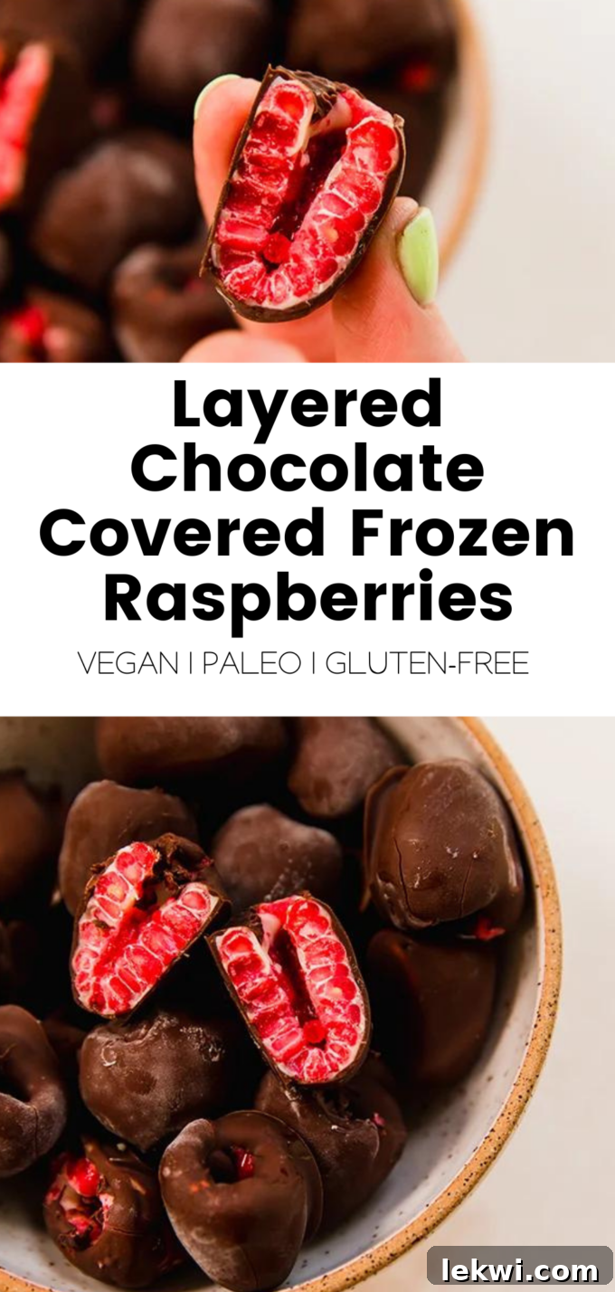 A vibrant collage with text 'Layered Chocolate Covered Frozen Raspberries Vegan | Paleo | Gluten-Free.' highlighting the key dietary benefits of the recipe.