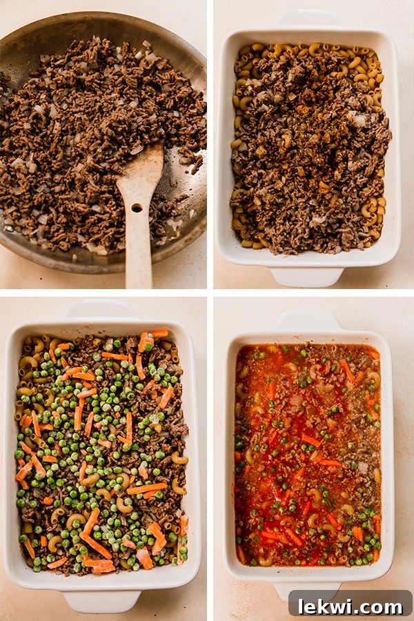Step-by-step photos showing cooked ground beef and onion, then all casserole ingredients combined in a dish before baking.