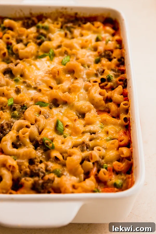 Sloppy Joe pasta casserole in a baking dish.