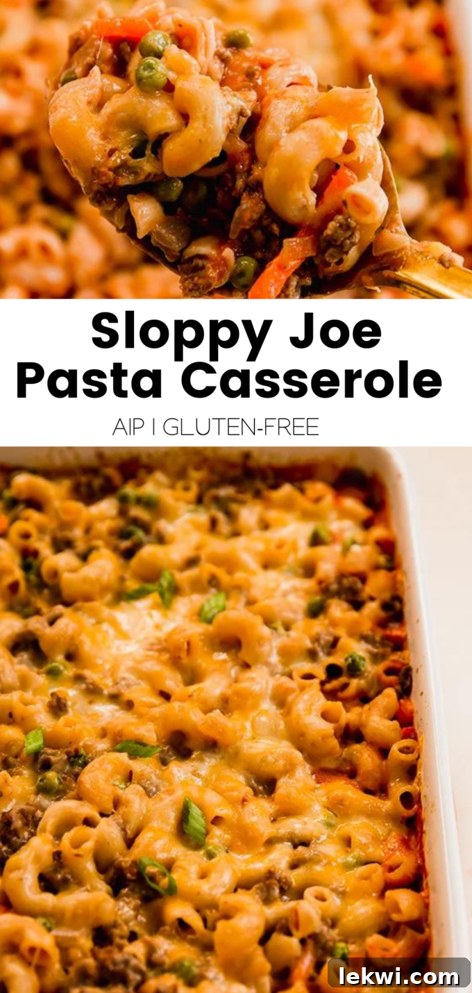 Collage image with text 'Sloppy Joe Pasta Casserole AIP | Gluten-Free' and an image of the casserole.