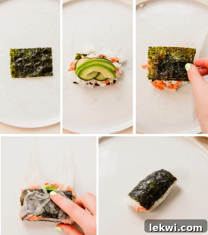 The steps of making sushi inspired salmon rice paper rolls, showing the layering of ingredients and rolling technique.