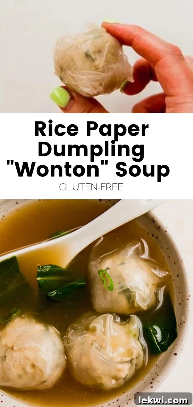 A collage featuring text 'Rice Paper Dumpling 'Wonton' Soup Gluten-Free' and an image of the finished soup, highlighting its gluten-free nature.
