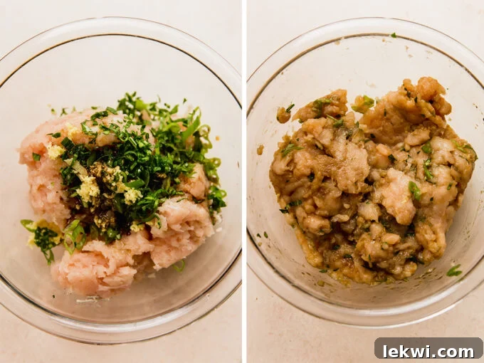 A bowl filled with the raw dumpling filling mixture before shaping, showcasing the ground chicken and vibrant vegetables ready to be formed into meatballs.