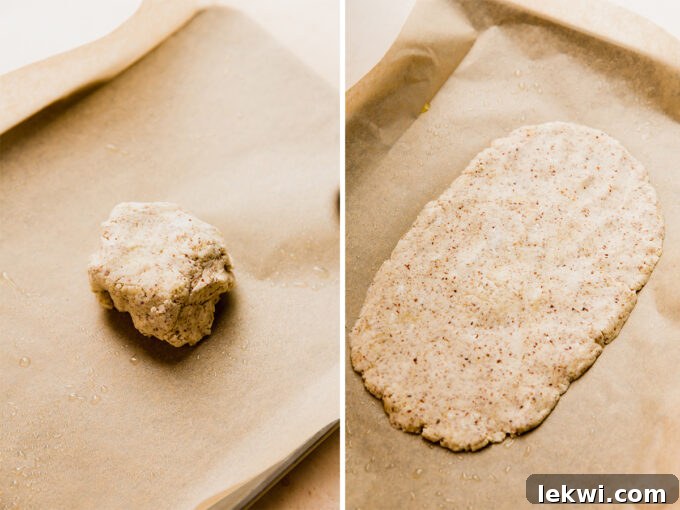 The gluten-free flatbread dough in a ball and rolled out on a baking sheet, ready for baking.