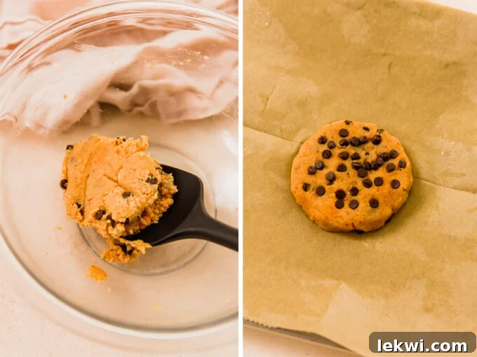 Unbaked single-serve pumpkin cookie dough, shaped into a round disc on parchment paper, ready for the oven.