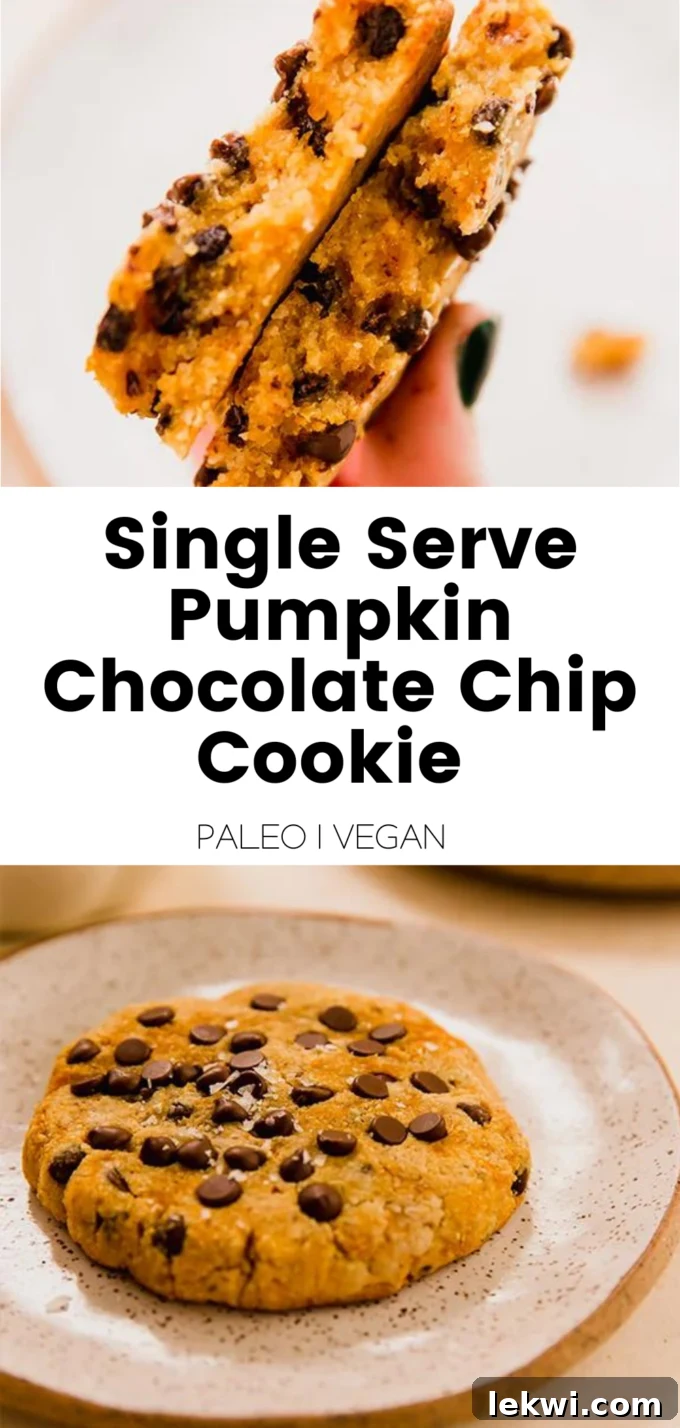 Collage with text "Single Serve Pumpkin Chocolate Chip Cookie Paleo | Vegan." highlighting the cookie as a healthy and convenient dessert option.
