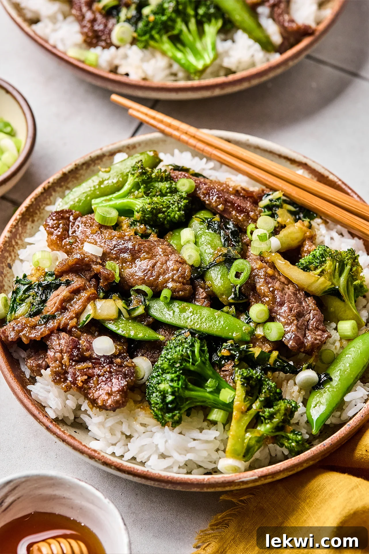 Honey garlic beef stir fry served over rice.