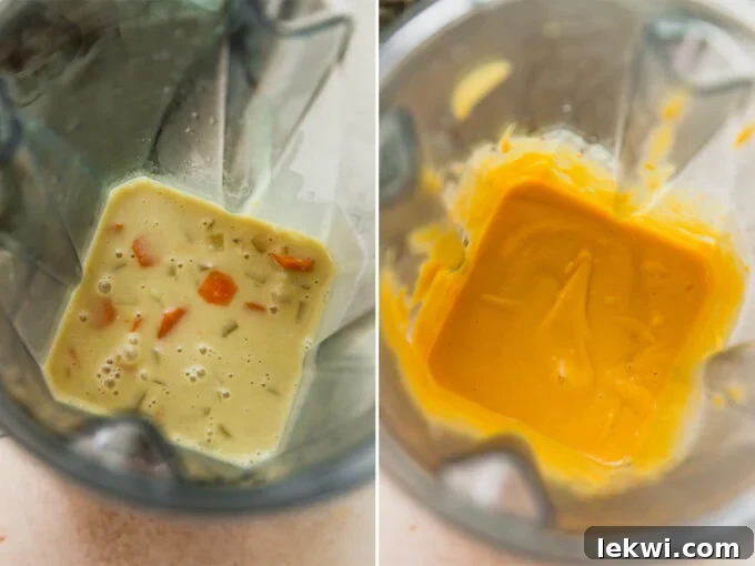 A side-by-side collage showing the dairy-free cheese sauce ingredients in a blender before and after blending, illustrating the transition from chunky vegetables to a smooth, creamy sauce.
