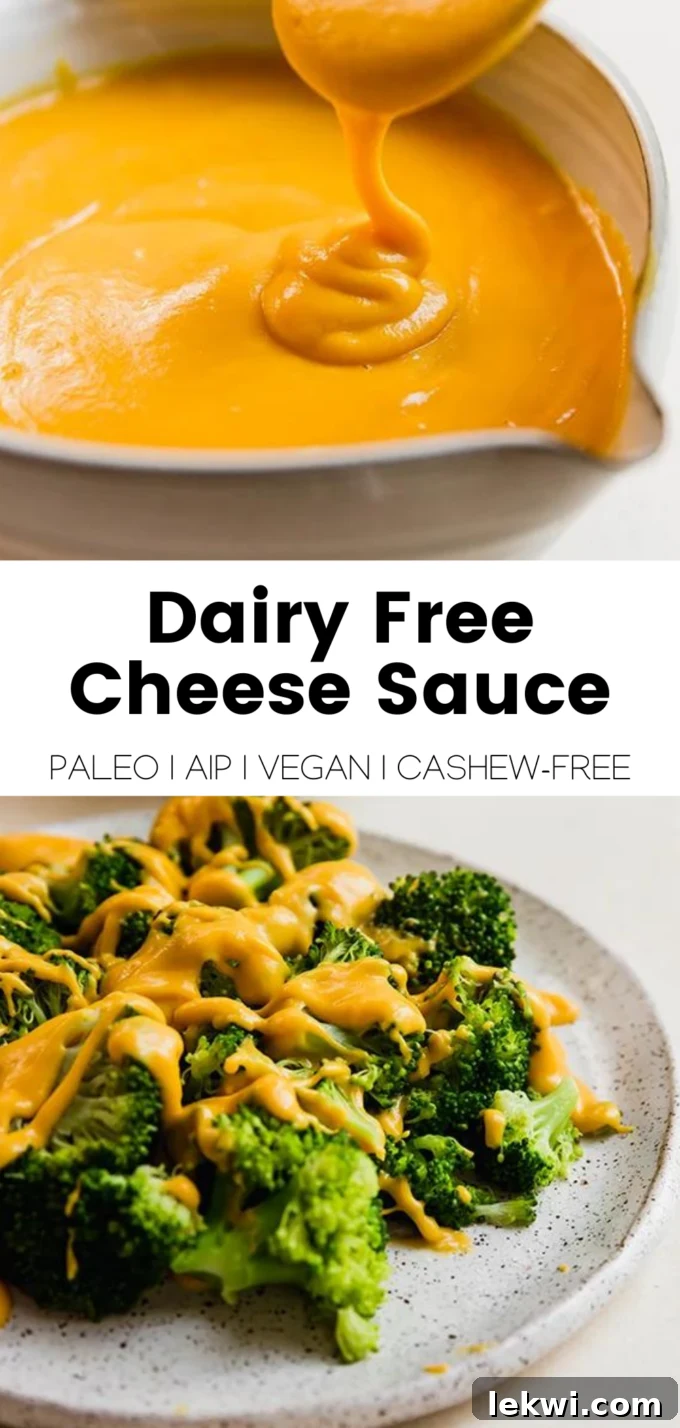 A vibrant collage featuring the dairy-free cheese sauce with text overlay: "Dairy Free Cheese Sauce Paleo | AIP | Vegan | Cashew-Free." highlighting its dietary benefits.