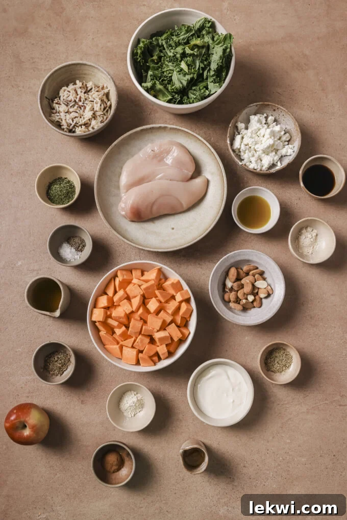 Harvest chicken bowl ingredients laid out in separate bowls.