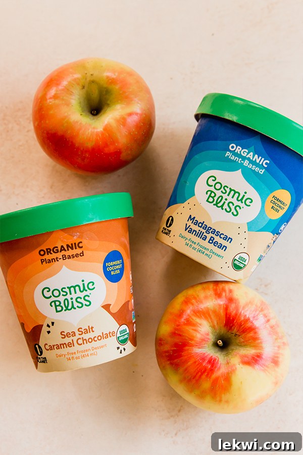 A flat lay photograph showcasing the key ingredients for air fryer baked apples: fresh honey crisp apples, coconut sugar, cinnamon, ghee, almonds, raisins, and a pint of Cosmic Bliss plant-based ice cream.