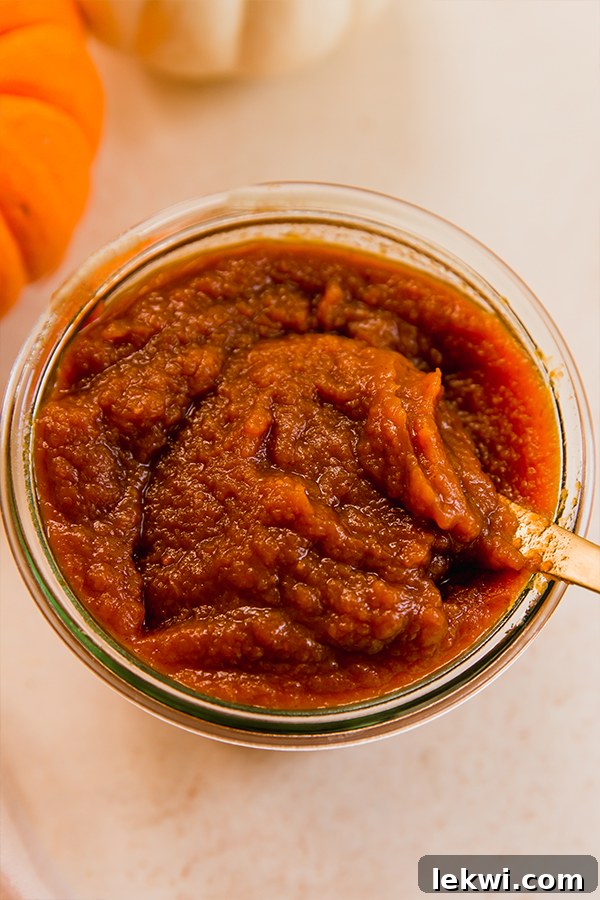 A beautifully clear glass jar filled with rich, homemade pumpkin butter, showcasing its inviting color and smooth texture, ready for storage.