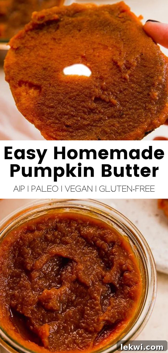 Collage with text "Easy Homemade Pumpkin Butter: AIP | Paleo | Vegan | Gluten-Free. A wholesome and delicious fall spread for everyone."