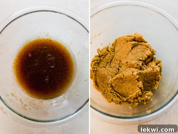 A bowl filled with the liquid ingredients for apple cider donuts, ready to be mixed with dry ingredients.