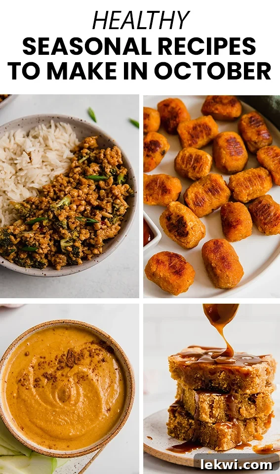 Collage featuring various healthy fall recipes and text saying "Healthy Seasonal Recipes to Make in October."