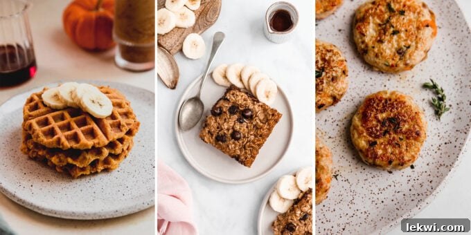 Collage of various healthy fall breakfast ideas, including sausages, waffles, and oatmeal.