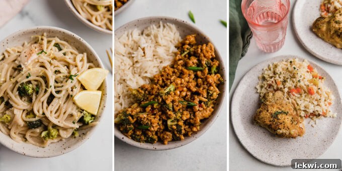Collage of various healthy fall main dishes, including bowls, pasta, and skillets.